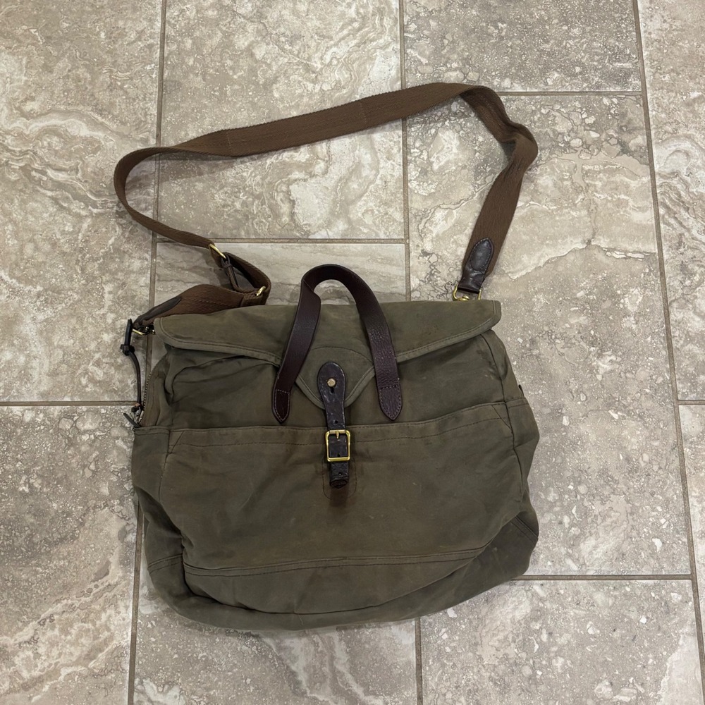 J.Crew Abingdon Messenger Bag Waxed Canvas Olive Green Leather Trim Field Bag